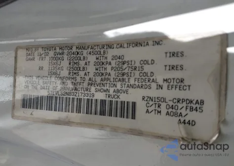 2003 Toyota Tacoma Base (A4) from USA, damaged, VIN 5TEVL52N83Z173319